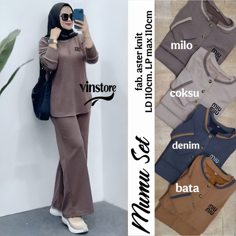 Baju setelan wanita mumu set bahan aster knit ori vinstore