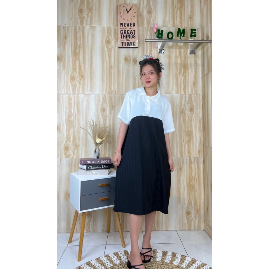 COD DRESS WANITA RAFAELA DRESS HORNET KNIT COMBI CRINCLE