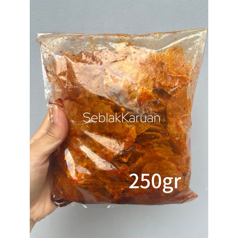 

kripca/kripik kaca/pikca seblak kering/pedas nampol/gurih daun jeruk isi 250gr