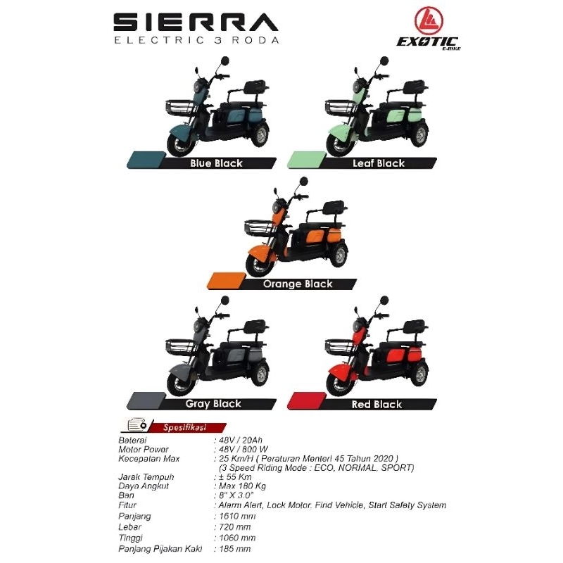 Exotic Sierra 800Watt Sepeda Listrik Roda 3