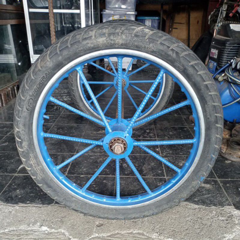 roda gerobak rombong besi ulir ring 17 lengkap As panjang