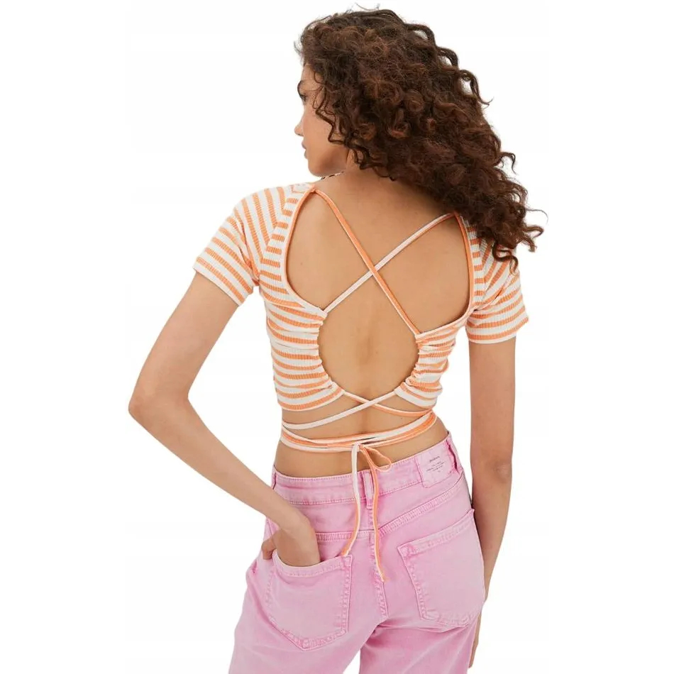 STRADIVARIUS STRIPED RIBBED CROP T-SHIRT