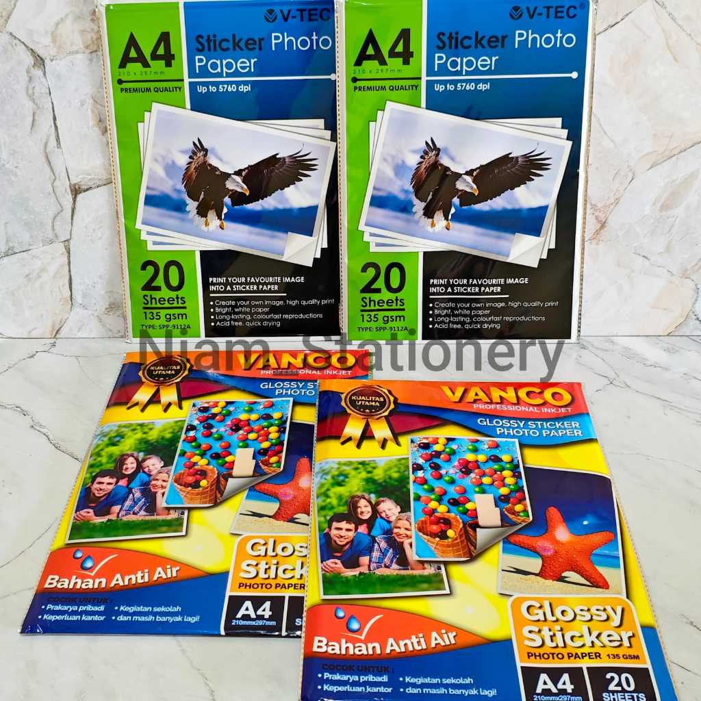 

Azka_Niam SATU PACK ( 20 LEMBAR ) Kertas Foto Stiker A4 V-Tec 135 Gsm Sticker Photo Paper A4 Vtec 135Gsm