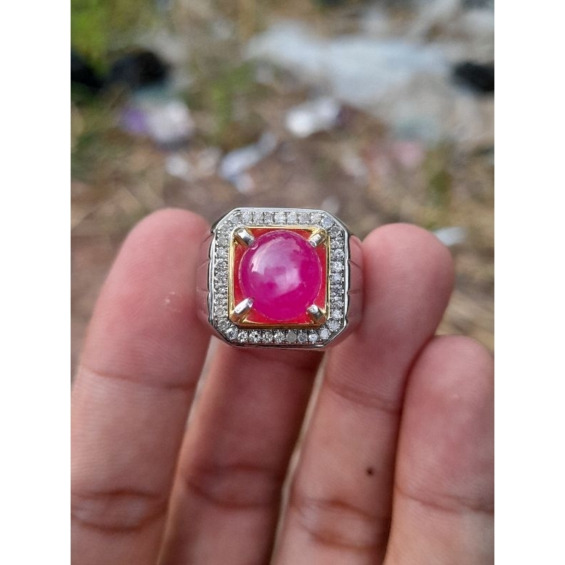 Cincin Pria Batu Merah Ruby Keliling Berlian Ring Perak Palladium