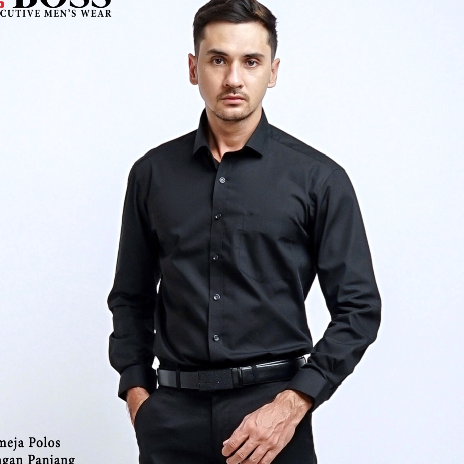 BOSS Kemeja Polos Pria Lengan Panjang Hitam