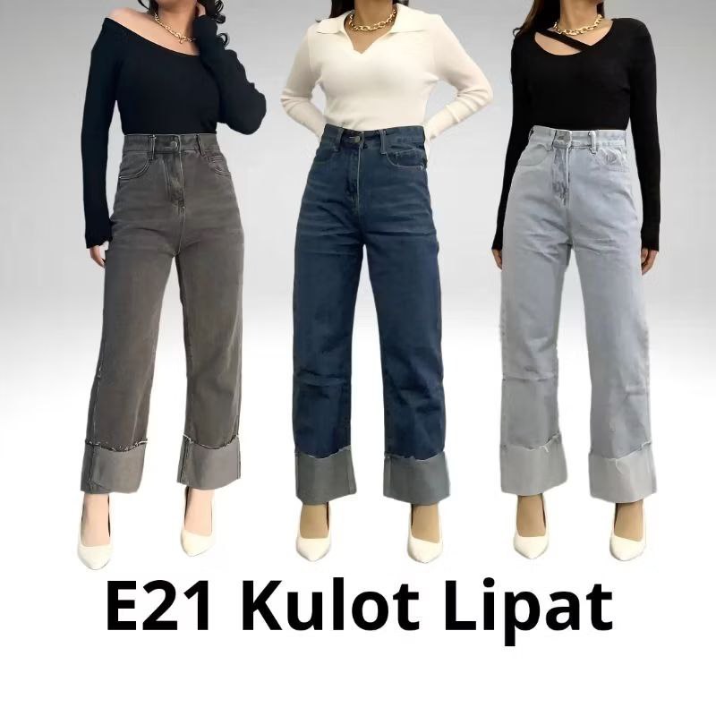 Jeans Highwaist E21 Kulot Lipat / jeans lipat bawah wanita