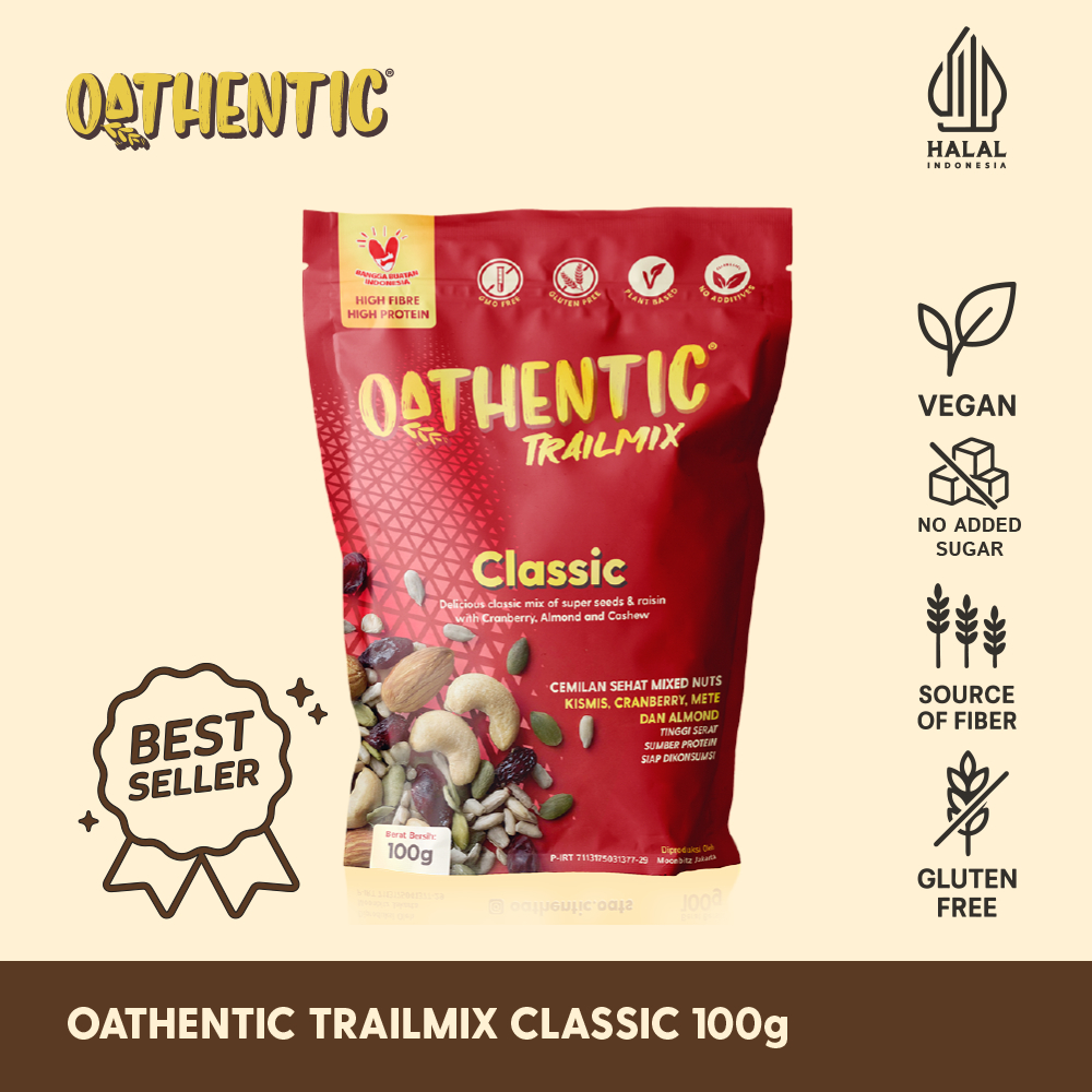 

Oathentic Trailmix Classic 100g | Cemilan Sehat Kacang Mixed Nuts Clean Label Minim Proses