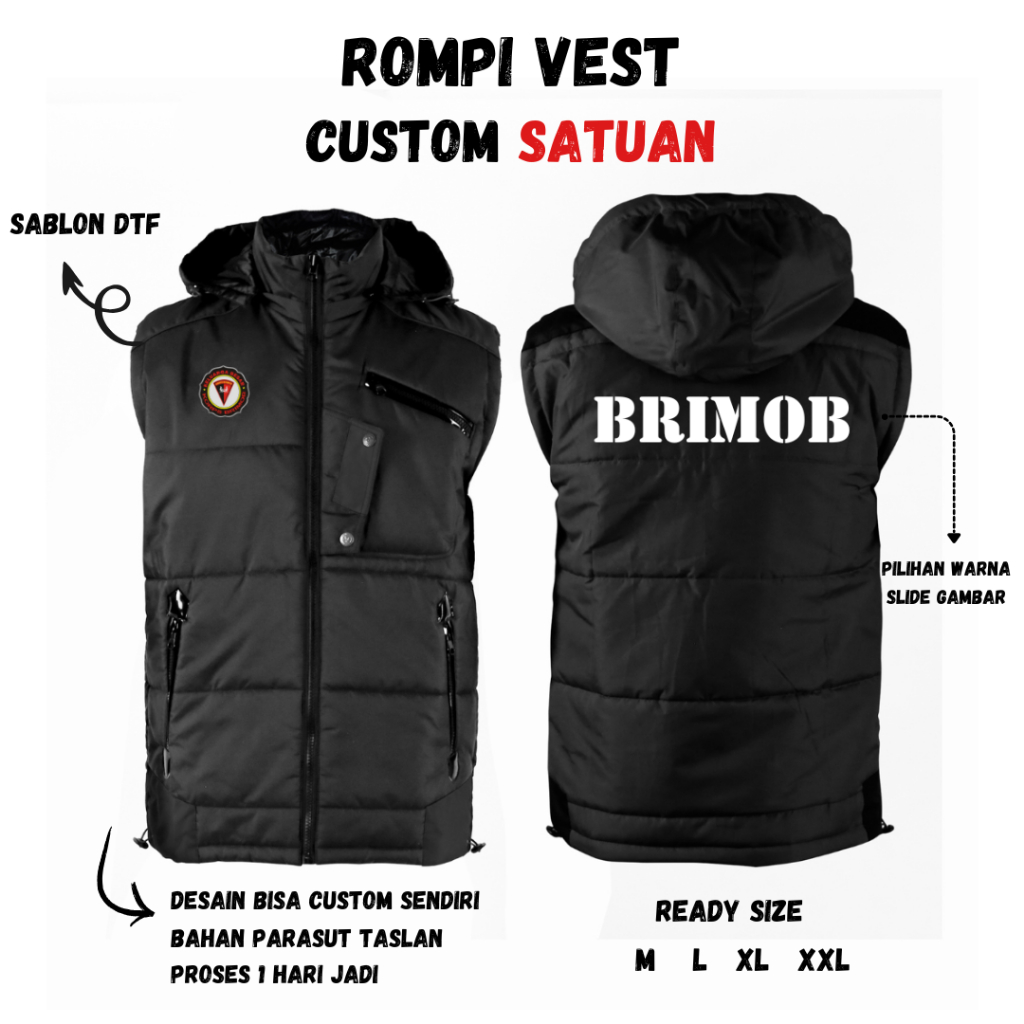Jual Rompi Vest BRIMOB / Rompi Polisi Sablon Satuan Desain Bebas / Rompi Pelindung Dada