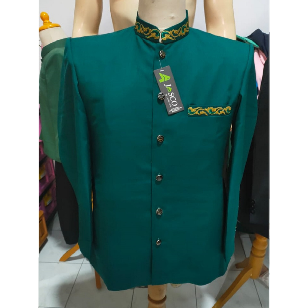 Jasko Hijau Botol Bordir Kerah Saku Jas Koko Pria Baju Muslim Wol Novus Merek Jasco Tasik Original