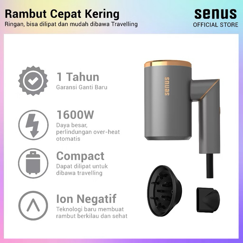 Senus Pro Travel Hair Dryer - Pengering Rambut Lipat 1600 W