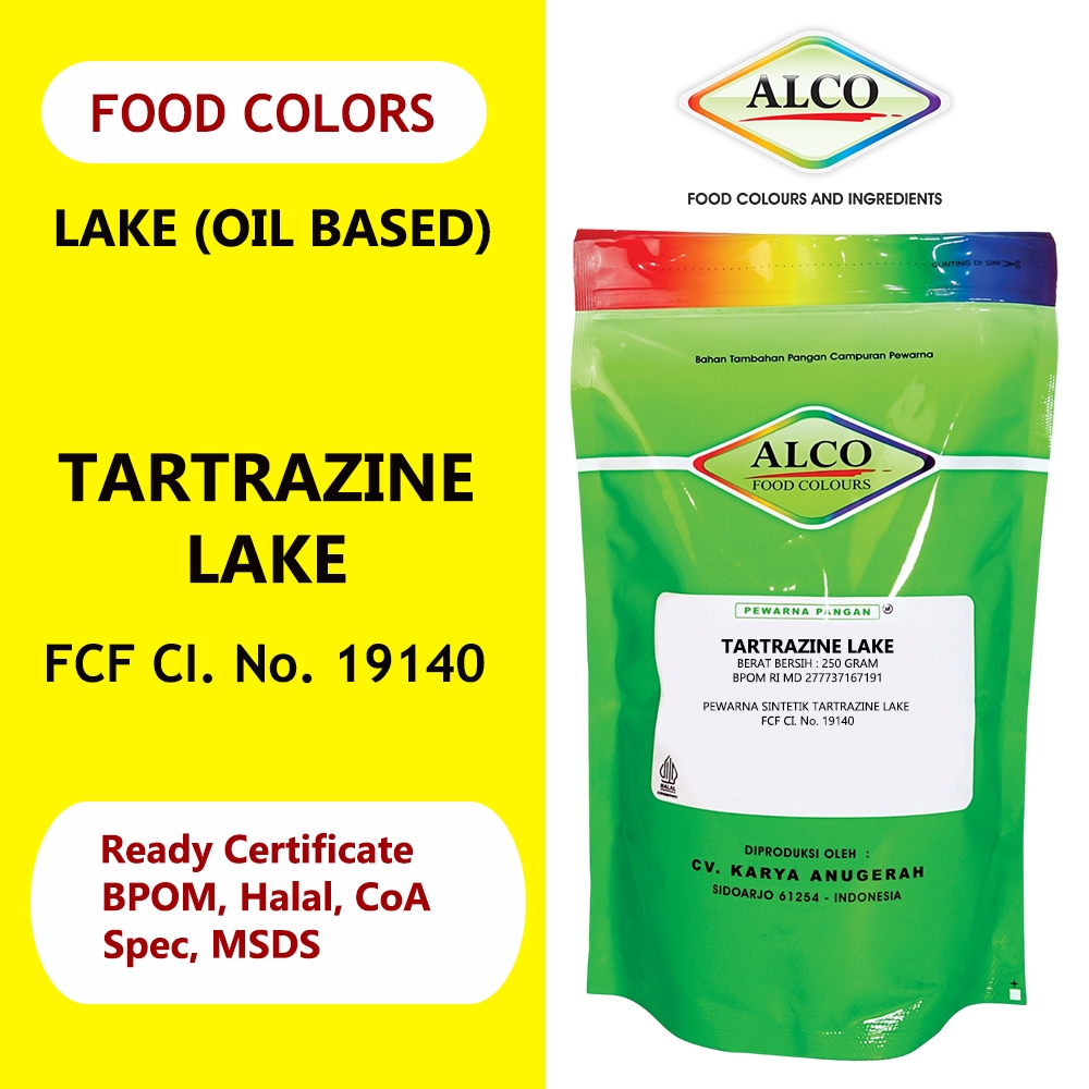

Pewarna Makanan Minuman Kue Bubuk TARTRAZINE LAKE CI 19140 Kuning Oil Base Based Soluble ALCO 250 gr Single Colour