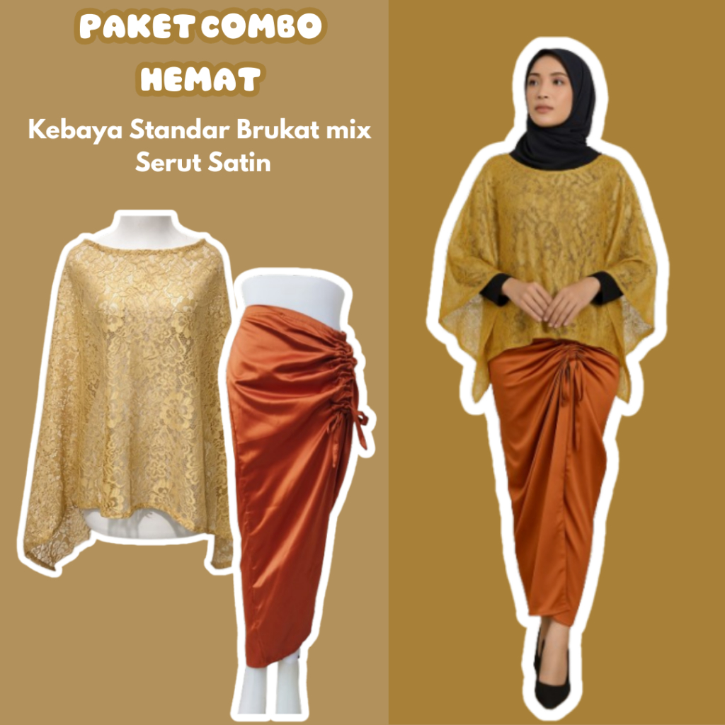 Paket Set Standar Brukat Mix Rok Serut Satin Set Kebaya Lebaran Outer Brukat Lengan Ruffle Celana Ku