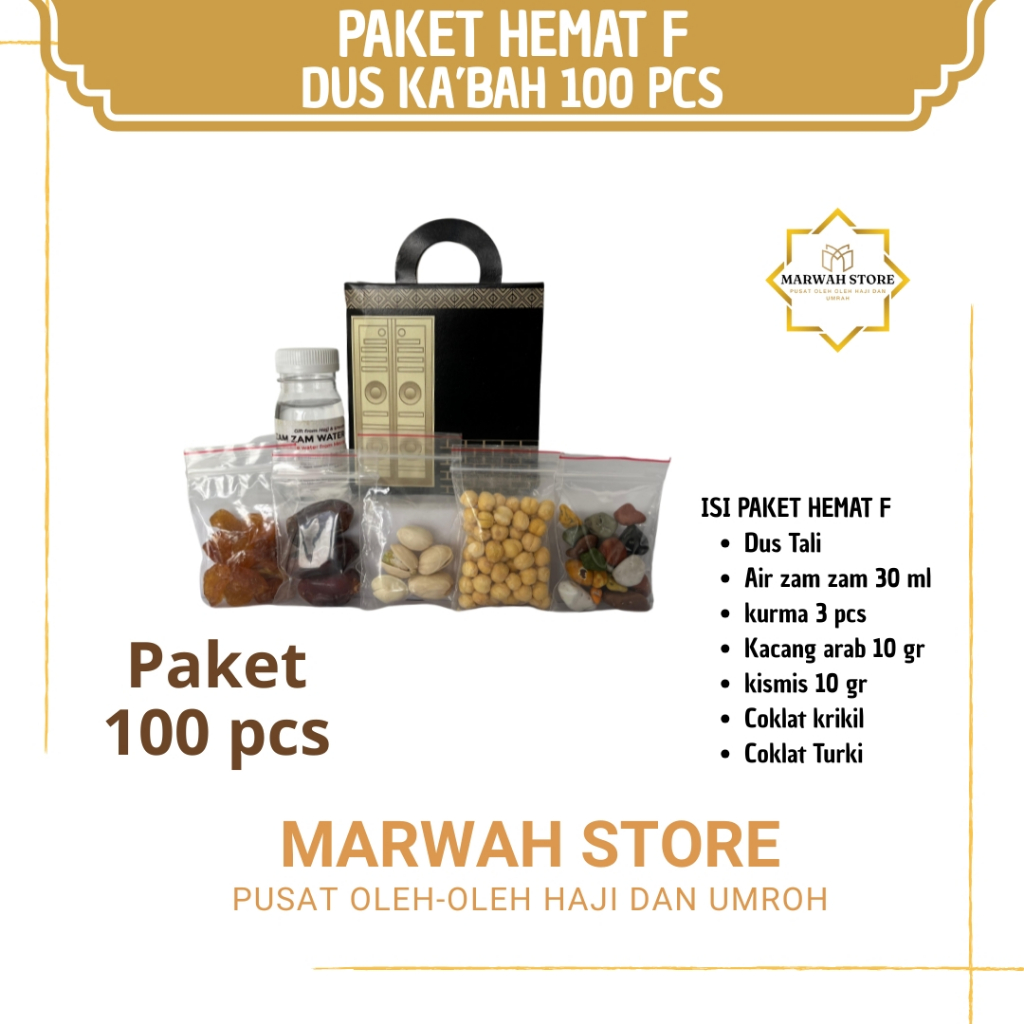 

Oleh-oleh Haji dan Umroh Paket Hemat F 100 pcs Dus Ka'bah Lengkap Air Zamzam