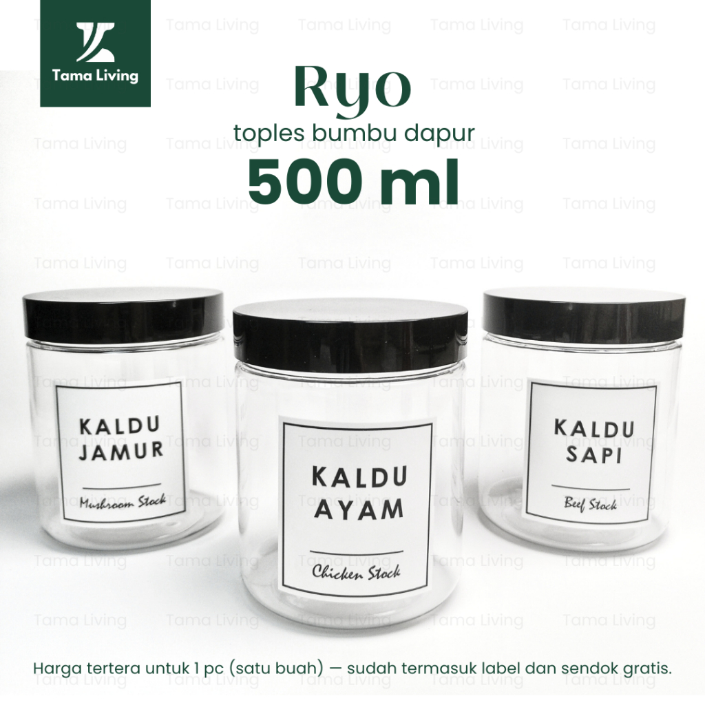 TAMA LIVING Ryo Toples Bumbu Dapur 500 ml Tutup Hitam Tepung Gula Kopi Toples Dapur Food Grade