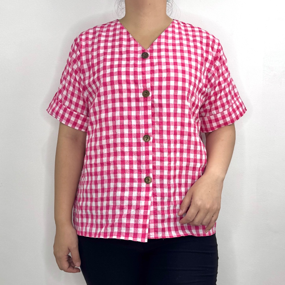 LVL - Blouse Kemeja Aiko 42 Kotak2 Jumbo Atasan Vneck Blus Wanita Model Baru