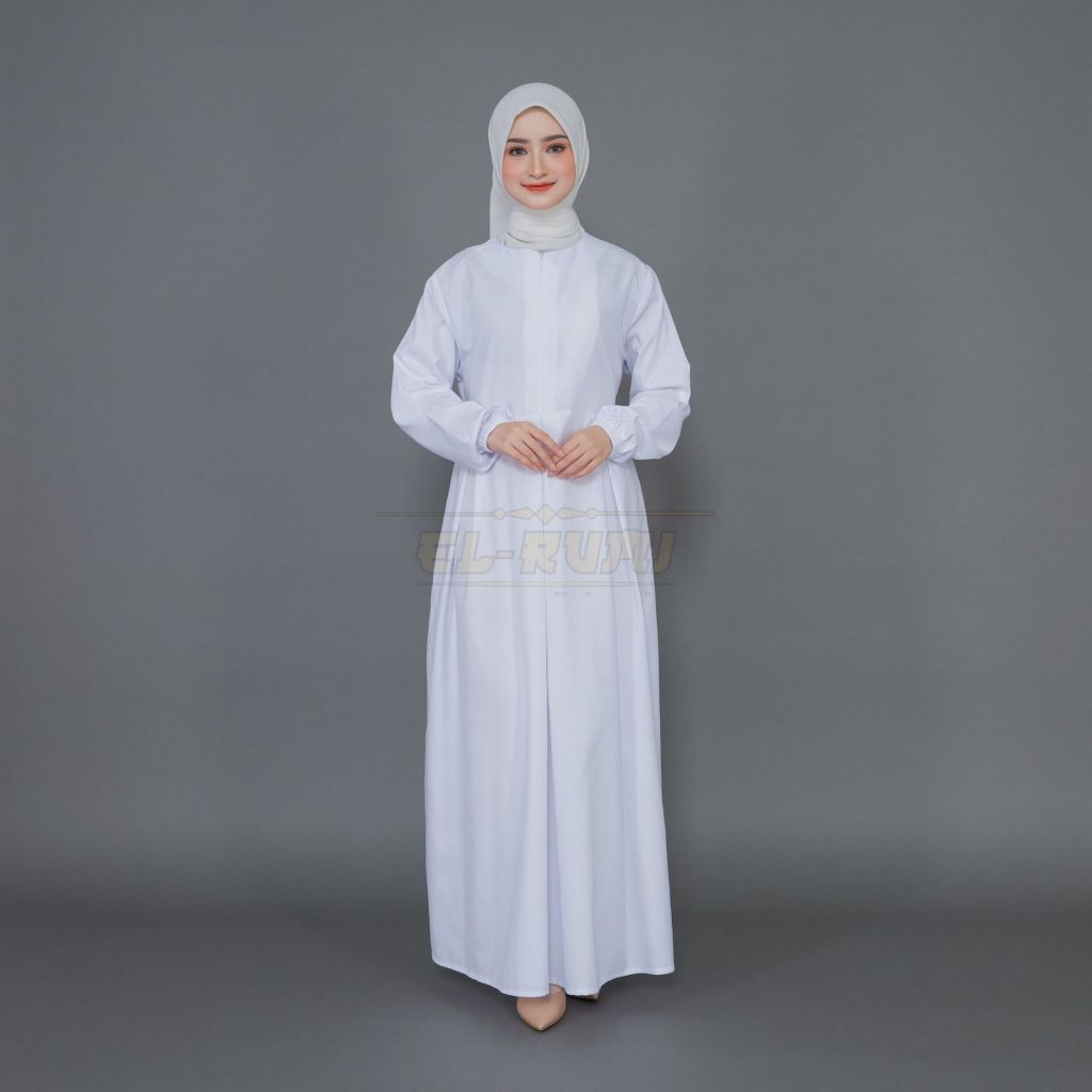 ELRUMI TASIK - Dress Gamis Polos Hitam Putih Lengan Karet Baju umroh Haji Pengajian Wanita bahan Kat