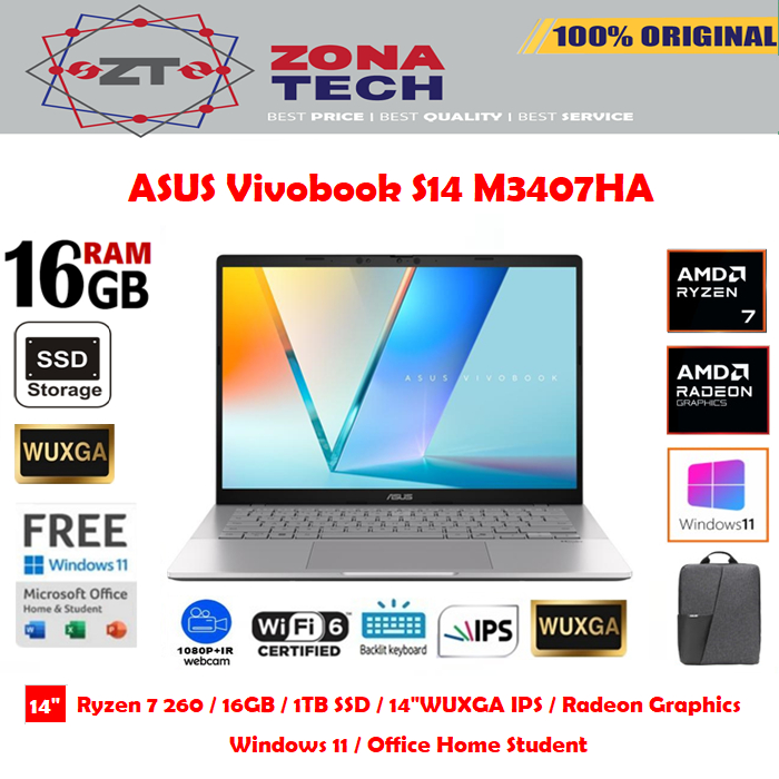 ASUS Vivobook S14 M3407HA Ryzen 7 260 16GB 1TB SSD 14"WUXGA IPS Win11 OHS