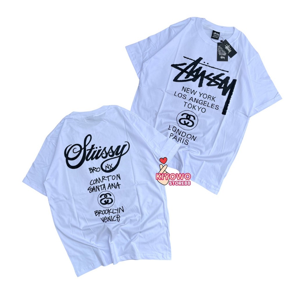T-SHIRT STUSSY KAOS STUSSY WORLD TOUR TEE PUTIH PREMIUM FULLTAG KATUN 24S