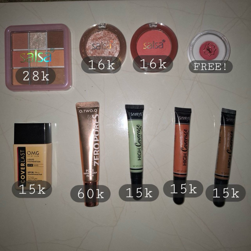 preloved omg foundation, salsa eyeshadow highlighter blush, saniye color corrector, otwoo primer