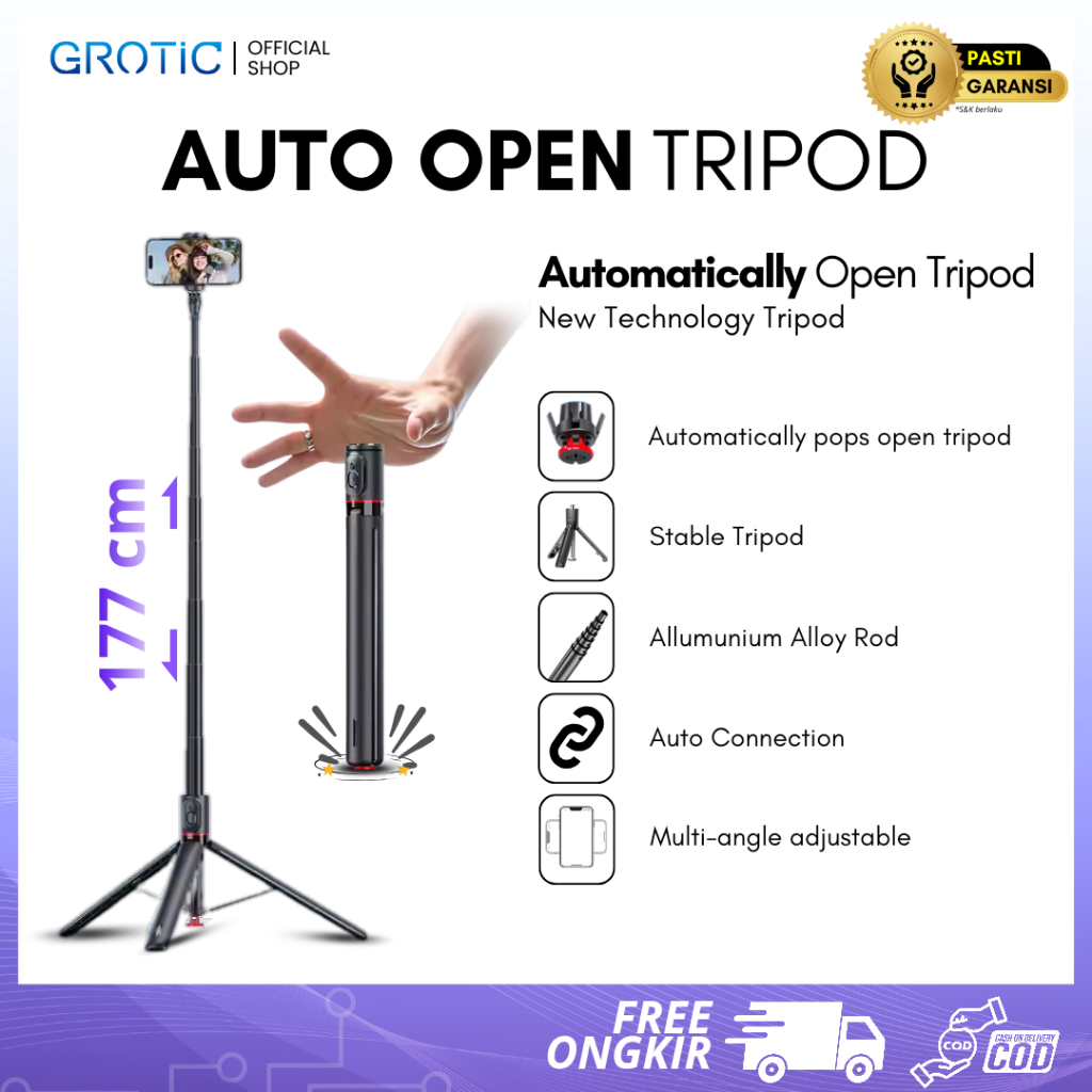 GROTIC Tripod Handphone TT01 Tongsis Auto Open Berdiri Otomatis 177cm