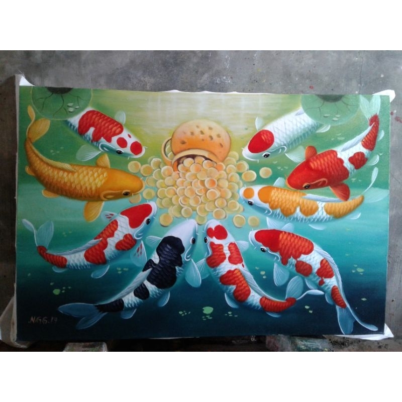 lukisan ikan koi hoki asli buatan tangan no print..ukuran lukisan 60x90cm