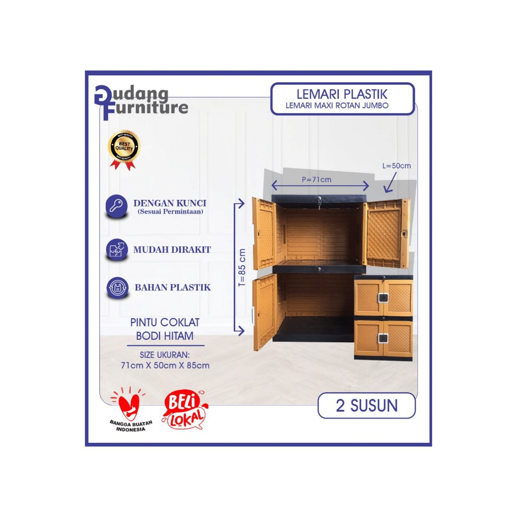 Lemari Plastik / Lemari Pakaian Plastik Portable Motif Timbul Rotan Dengan Kunci Bodi Coklat