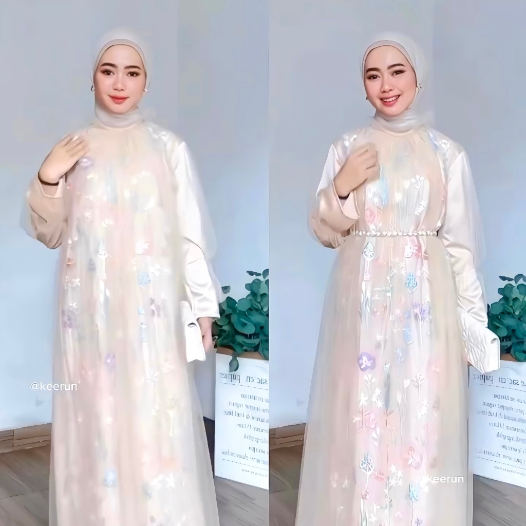 Delova Wardrobe - TANIA DRESS Tile Modern Pesta Tile Premium Lace Embroidery Brocade Brukat Garden Lebaran Idul Fitri Gamis Muslim Wanita Tulle Gamis Kondangan Korean look Rok Tutu  Rok Tile Terbaru Queenbee Fashion Terbaru Termurah
