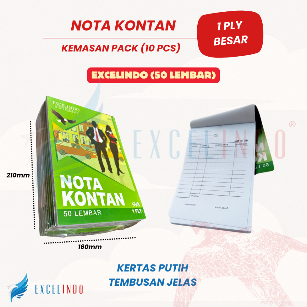 

(1 PACK/10 BUKU) Excelindo Nota Kontan 1 ply HVS UKURAN BESAR (160mm*210mm)