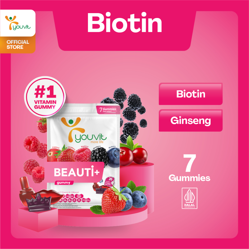 Biotin Gummy untuk Vitamin Rambut Rontok Wanita | Youvit Beauti+ 7 Hari