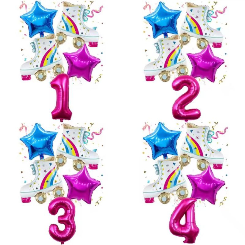 Dekorasi ultah sepatu roda anak perempuan set balon angka ulang tahun anak gambar sepatu roda barbie