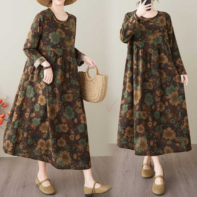 LC2034 Premium Oversized Midi Dress Katun Linen Motif Floral Bunga Fashion Retro Terbaru
