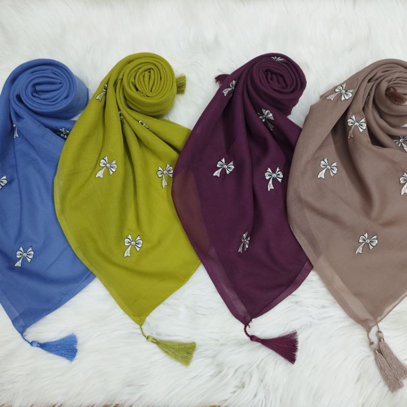 Hijab segiempat Paris japan tasel Bordir pita Rimbon/Jilbab segiempat Paris Japan bordir pita