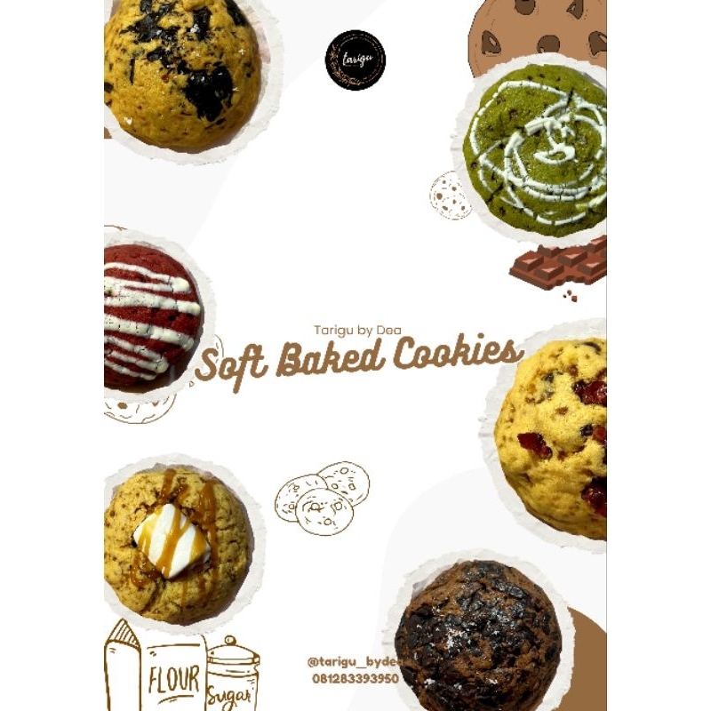 

5 pcs Soft Cookies _ Tarigu by Dea. Chocochips cookies, red velvet, matcha, marshmallow, classic, lemon cranberry cookies