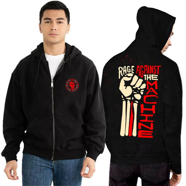 Zipper Hoodie Rage Against the Machine Band Hoodie Ritsleting Unisex Bahan Black Cotton Fleece | Siz