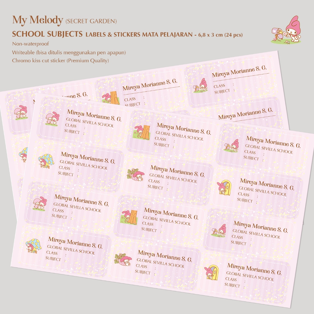 

MY MELODY (Secret Garden) / STICKER MATA PELAJARAN / SCHOOL LABEL / WRITEABLE LABEL