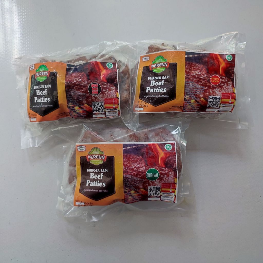 

PERENN BURGER PATTIES DAGING BURGER SAPI ORIGINAL LADA HITAM SPECIAL SMOKEY 360 GRAM