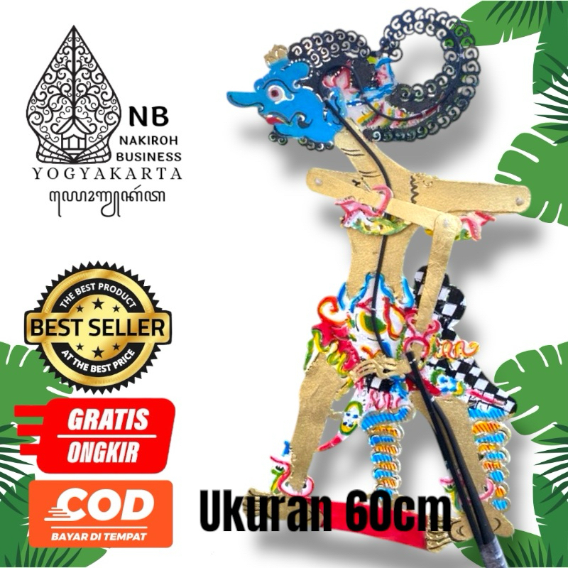 NAKIROHBUSINESS Wayang Kulit Antasena 55cm Asli Kulit Sapi Gapit Bambu Standar Pedalangan Tatah Sung