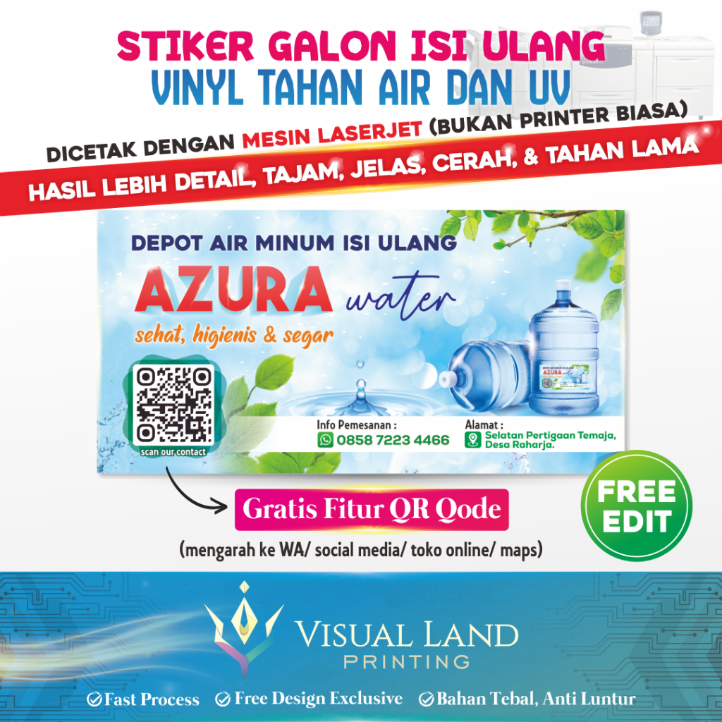 

Sticker Stiker Galon Isi Ulang / Air Rebus Matang Tahan Air dan UV QR Qode Free Edit