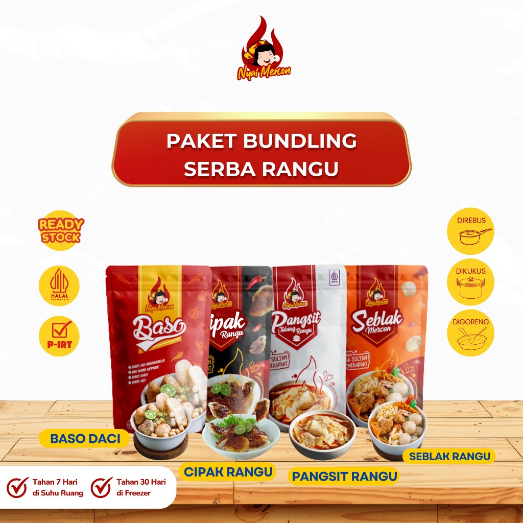 

NYAI MERCON - PAKET SERBA RANGU (BASO DACI, CIPAK RANGU, PANGSIT RANGU, SEBLAK RANGU)