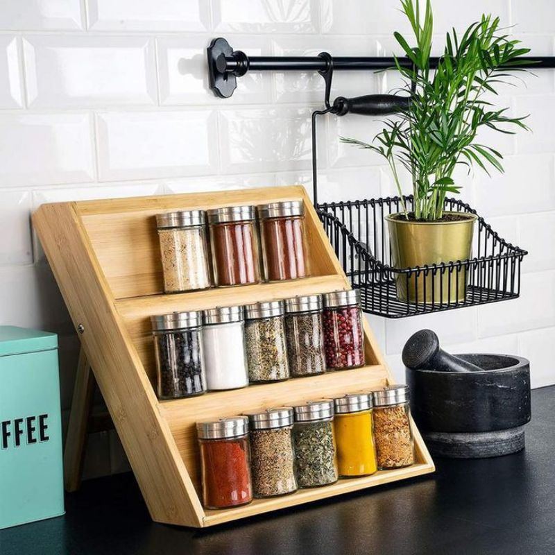 Rak Rack Dapur Kayu 3 Tingkat Tempat Wadah Botol Garam Lada Merica Bumbu Masak Dapur