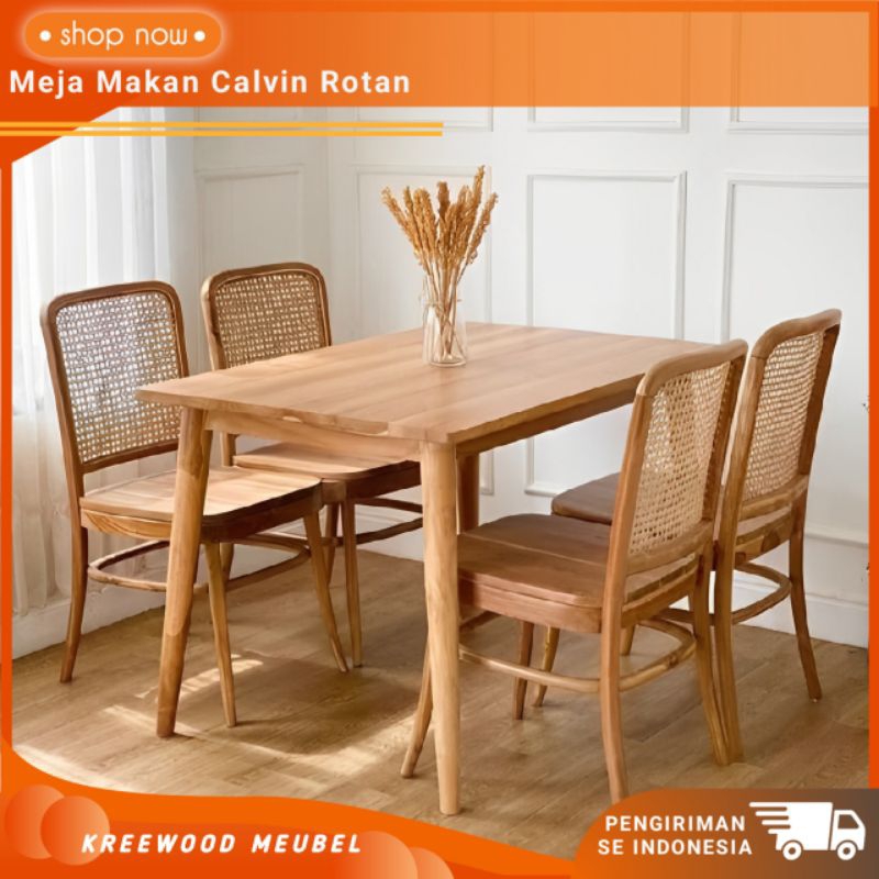 MEJA MAKAN CALVIN ROTAN ASLI KAYU JATI / MEJA MAKAN ROTAN MINIMALIS JATI