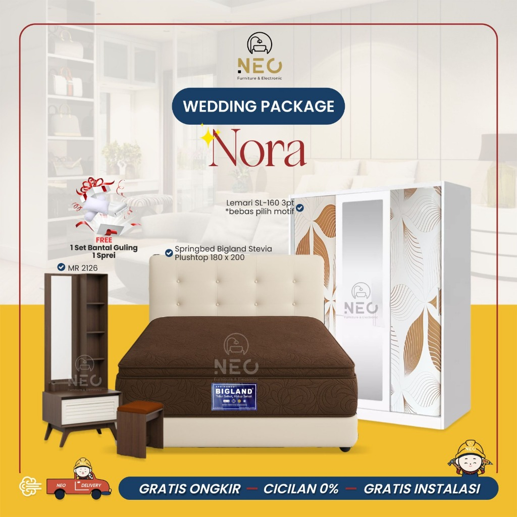 NEO - PAKET WEDDING NORA TERBARU PAKET NIKAH SPRINGBED BIGLAND MEJARIAS LEMARI BESI MINIMALIST PONTI