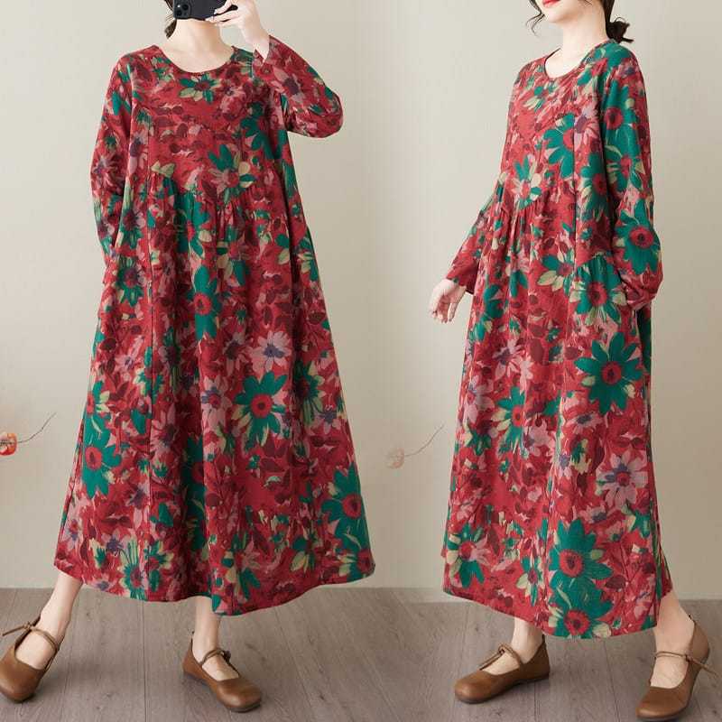 LC2036 Premium Oversized Midi Dress Katun Linen Motif Bunga Floral Fashion Terbaru