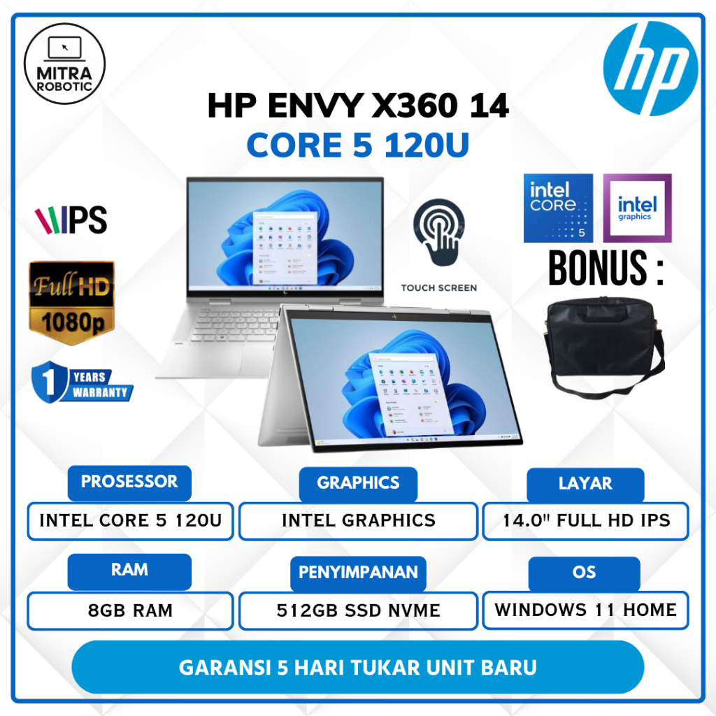 Laptop HP Envy X360 Intel Core 5 8GB Ram 512GB SSD 14" Full HD Touchscreen