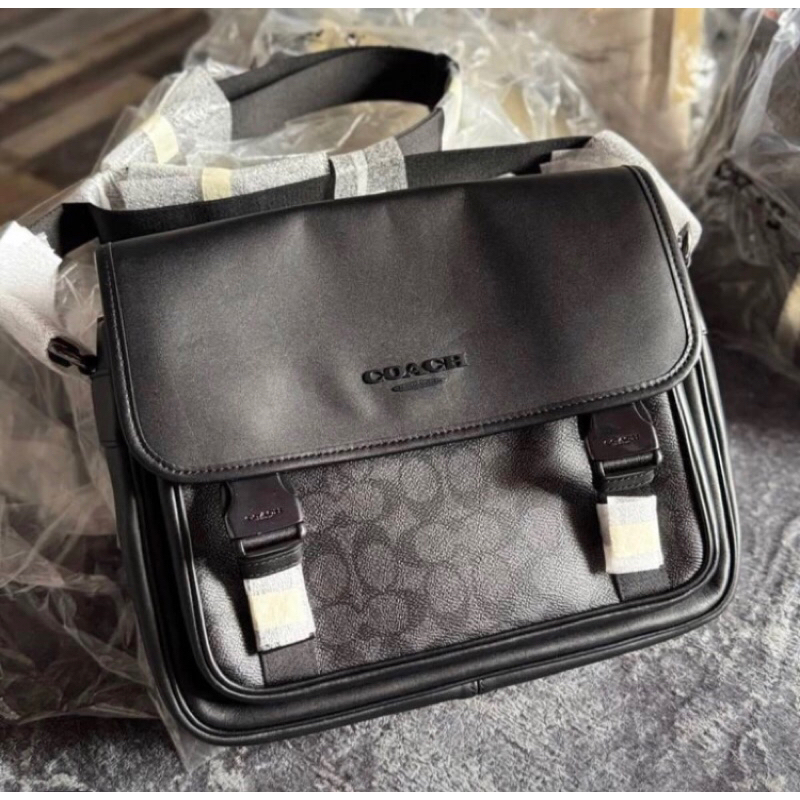 Tas Branded Pria Coach Racer Messenger Bag Black Leather