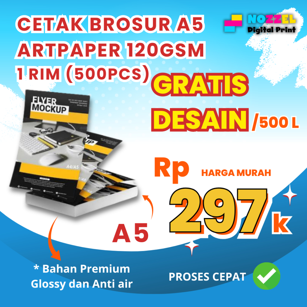 

CETAK BROSUR A5 1 RIM MURAH GRATIS DESAIN | BAHAN ARTPAPER 120GSM PREMIUM GLOSSY ANTI AIR