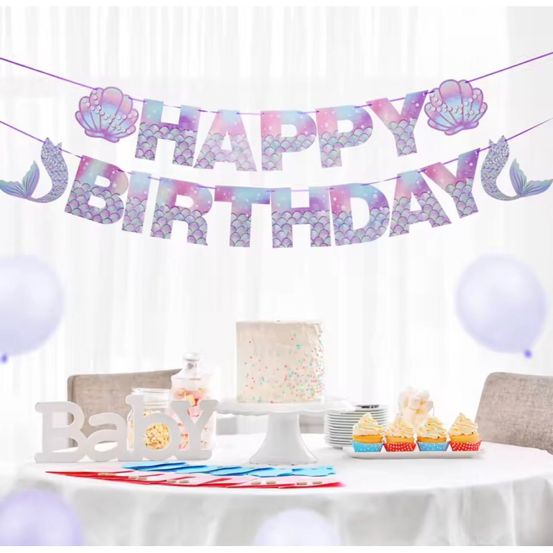 BANNER HAPPY BIRTHDAY MERMAID KERANG MUTIARA
