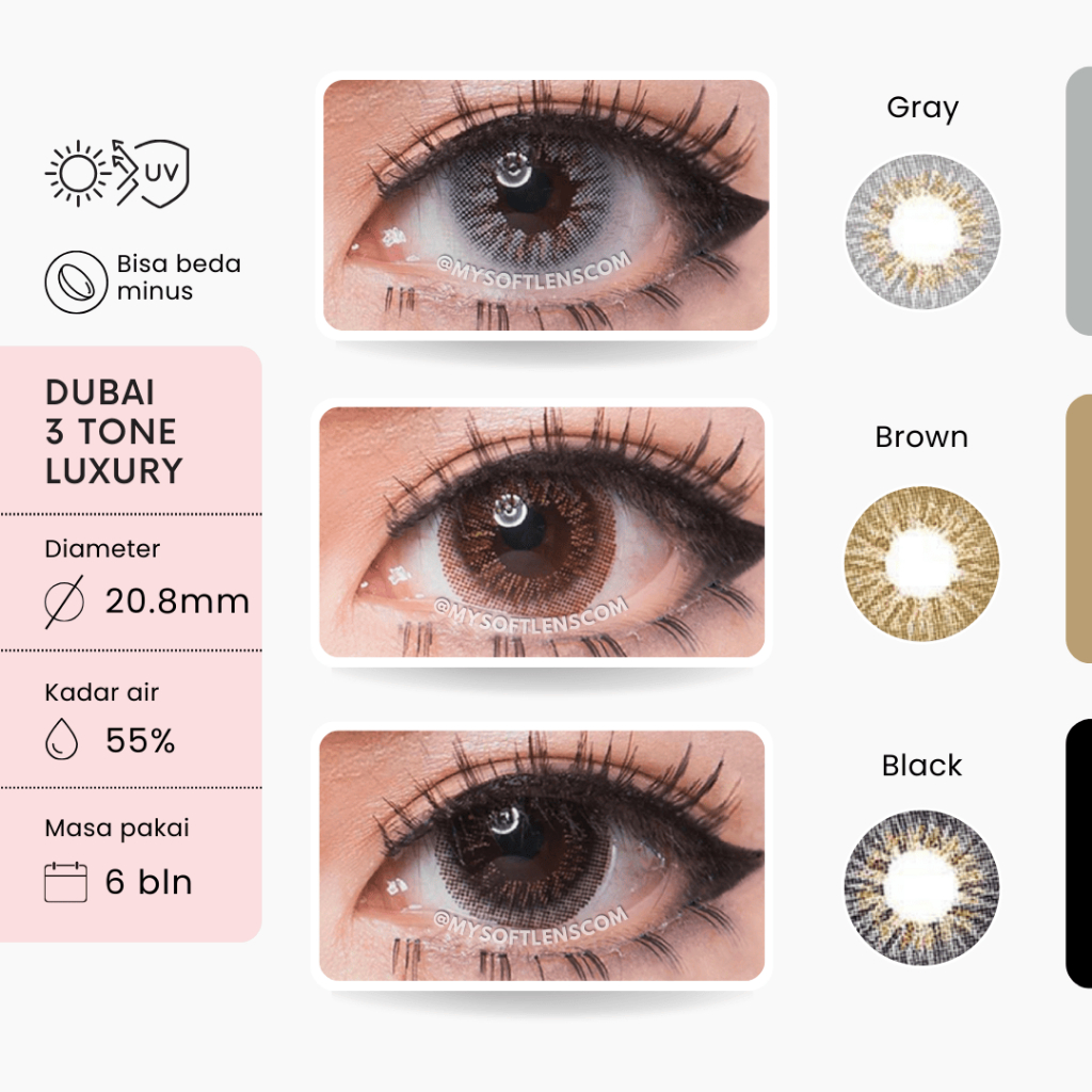 Softlens Dubai 3 Tone Luxury 20.8mm Gray Brown Blue Tosca Black Normal Minus Original MySoftlens