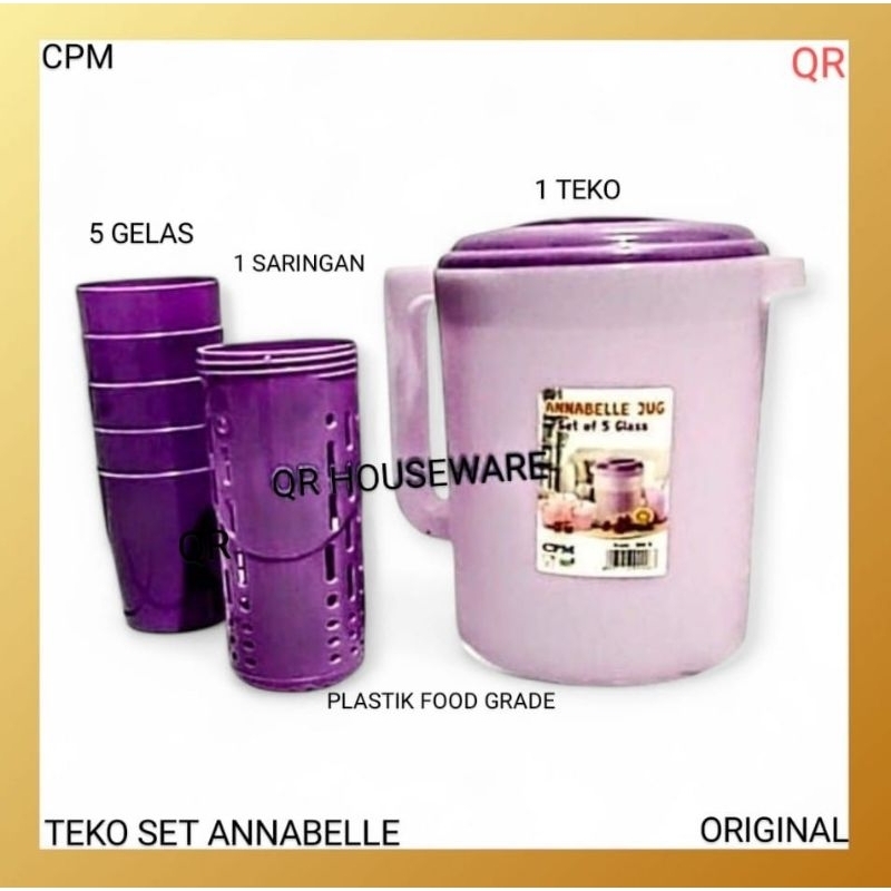 CPM Teko Set Annabelle - Water Jug Plastik Food Grade (1 Teko + 5 Gelas + Saringan)