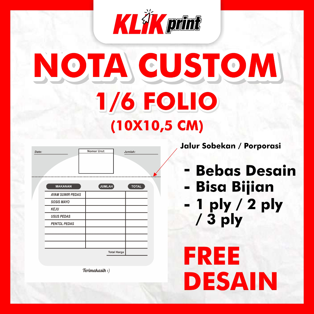 

Nota Satuan 1/6 Folio | 10 X 10,5 CM | Nota Custom Bijian Free Desain